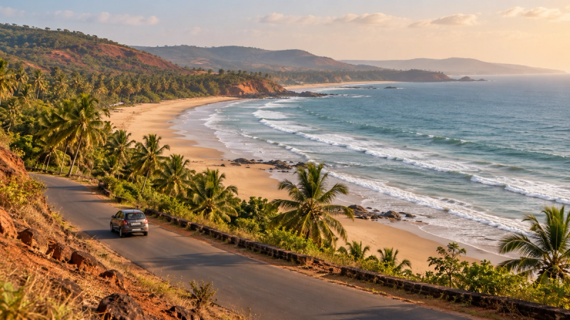 A compact car follows a quiet coastal road beside a palm-lined beach and red laterite hills.