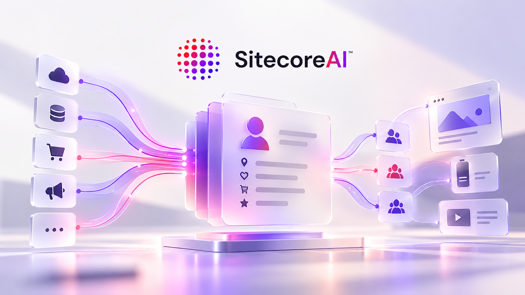 SitecoreAI logo above a futuristic customer profile card, with colorful data streams connecting source systems to audience segments and personalized digital experiences.