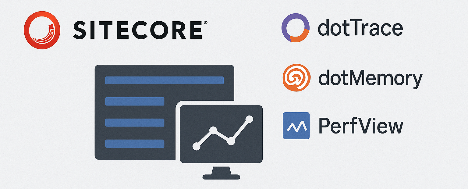 Logos for Sitecore, dotTrace, dotMemory, and PerfView, with a graphic of a document and a monitor displaying a line graph.