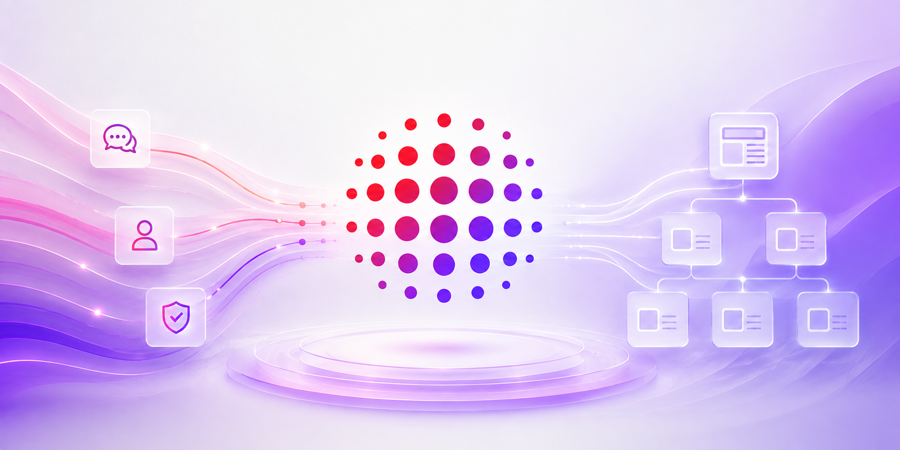 A futuristic abstract illustration showing AI-driven content governance: flowing pink and purple data streams converge through a central SitecoreAI-inspired digital core, connecting user, security, and content-management elements into an organized content tree.