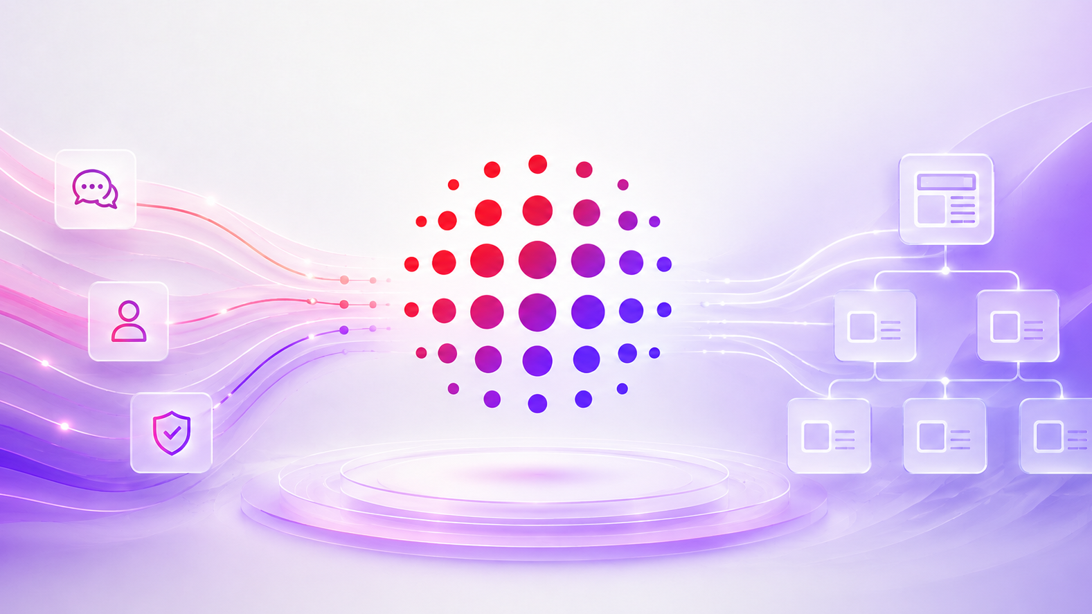 A futuristic abstract illustration showing AI-driven content governance: flowing pink and purple data streams converge through a central SitecoreAI-inspired digital core, connecting user, security, and content-management elements into an organized content tree.