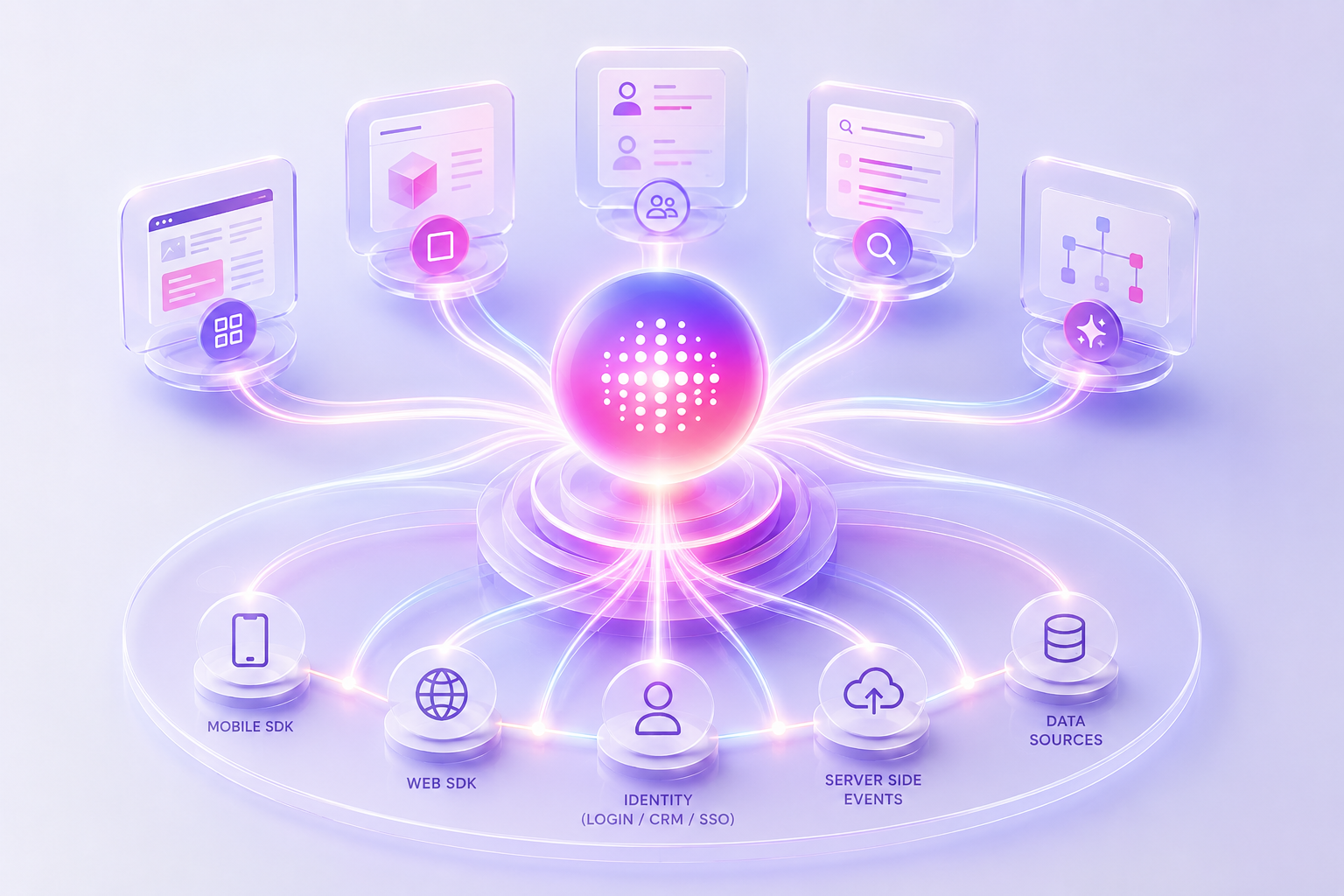 3D visualization of a unified AI data layer connecting multiple customer data sources to personalization, search, and audience experiences.