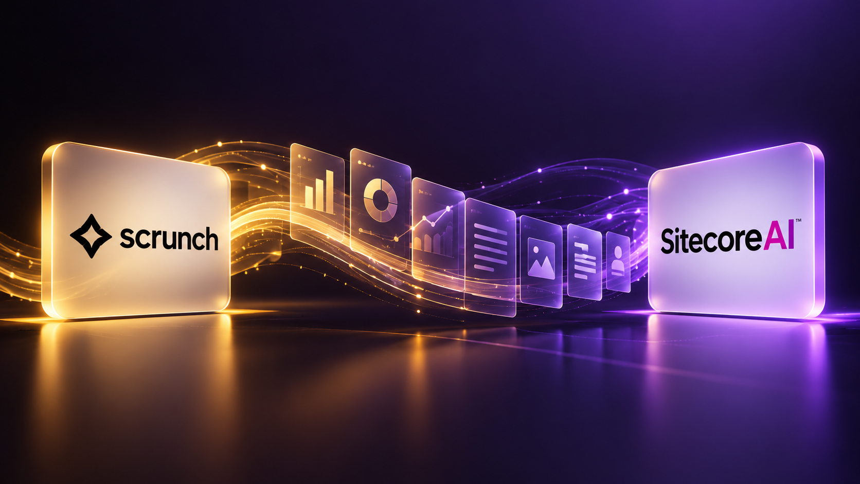 Scrunch and SitecoreAI logos connected by flowing data streams and analytics cards, representing AI visibility measurement flowing into SitecoreAI agent grounding.