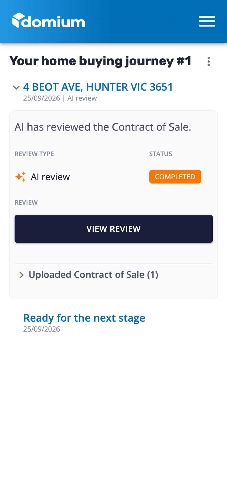 Domium buyer journey showing a completed AI Contract of Sale review and the View Review button