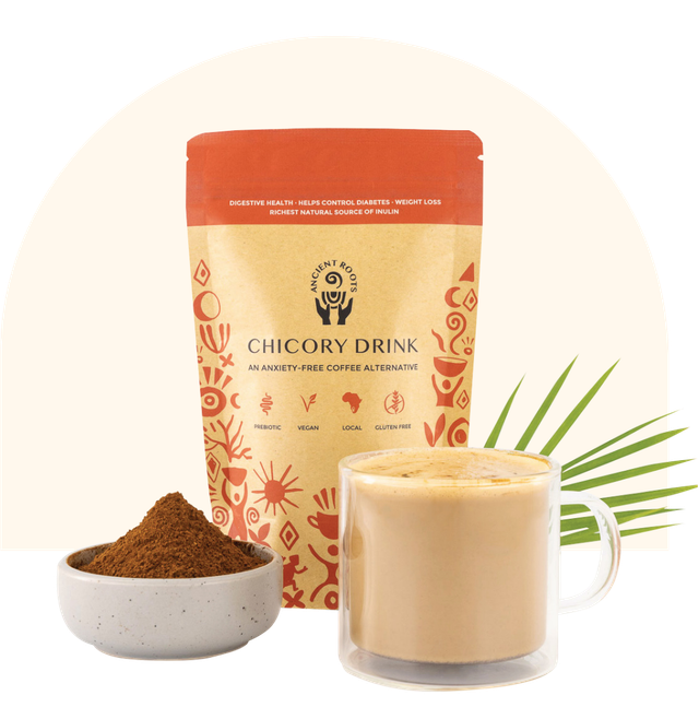 Prepared Chicory latté with a small bowl of chicory powder and a standing bag of Ancient Roots instant chicory.