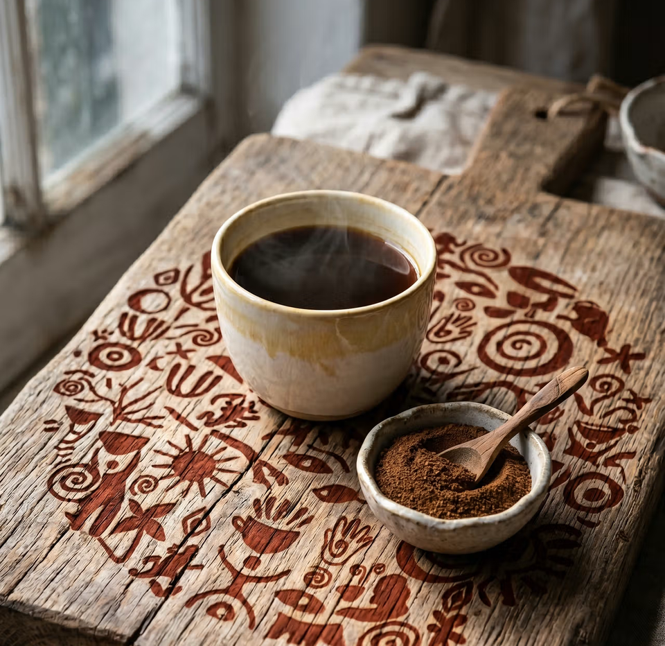 A cup of Ancient Roots chicory, steaming on a tray