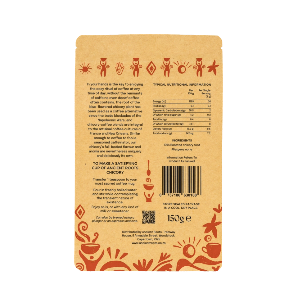 Back view of Ancient Roots Chicory Packaging, showing nutritional and ingredients information