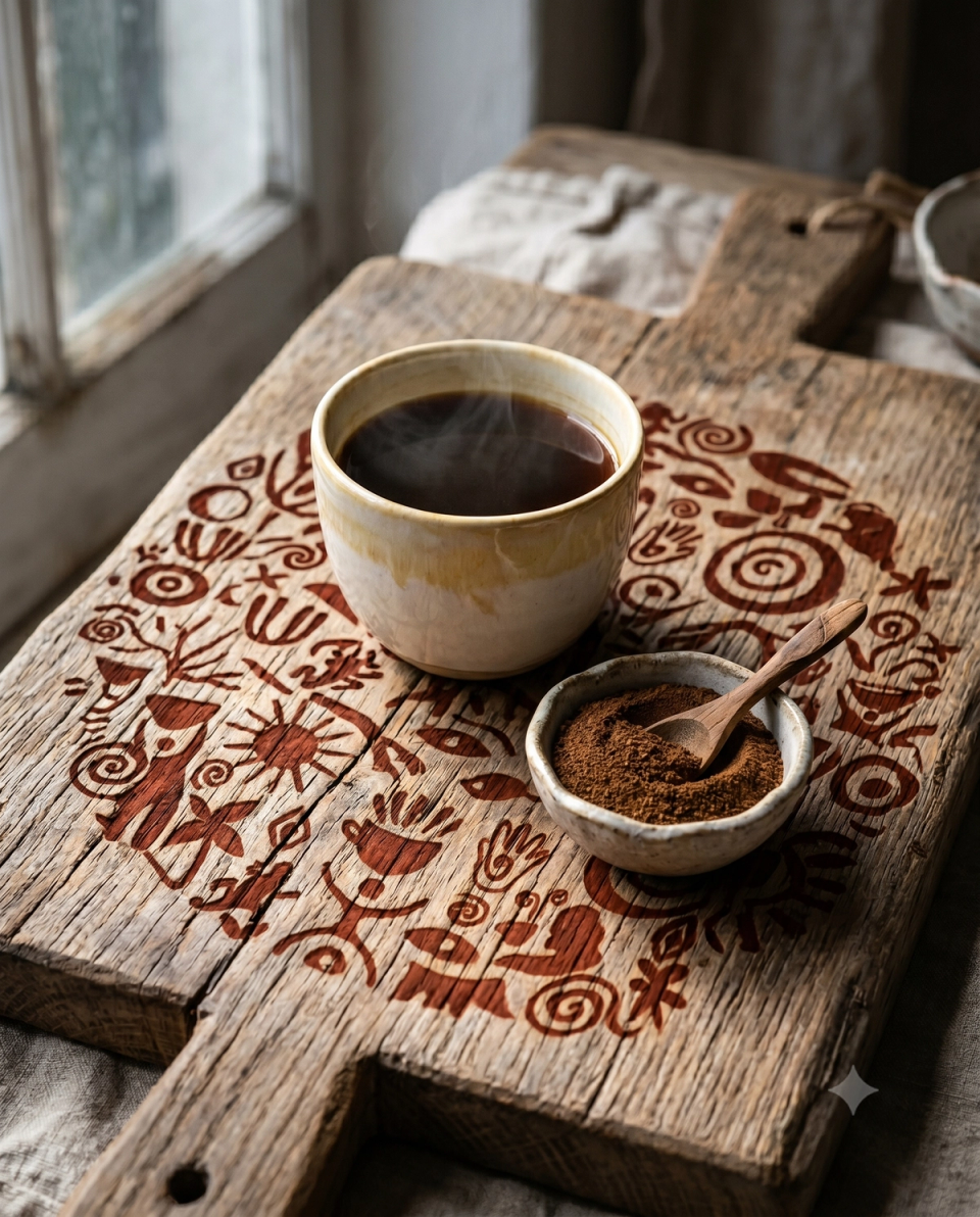 Top view of a pack of Ancient Roots Chicory Drink beside a freshly prepared cup of chicory on a serving tray. 