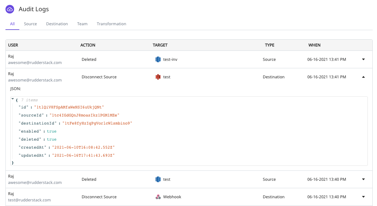 Enterprise users can now access audit logs that include detailed changes for sources, destinations, transformations, and users.