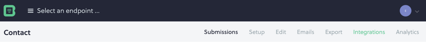 Screenshot of the Basin navigation menu with "integrations" highlighted