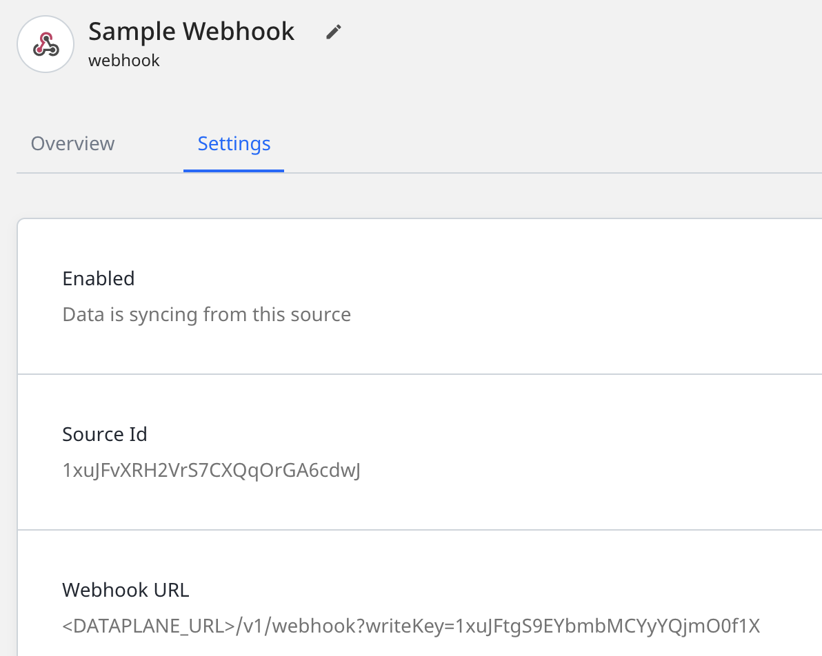 Screenshot of the RudderStack UI showing the Webhook URL