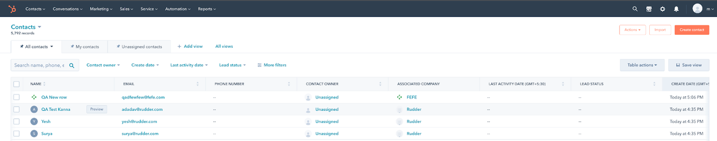 screenshot of Hubspot table