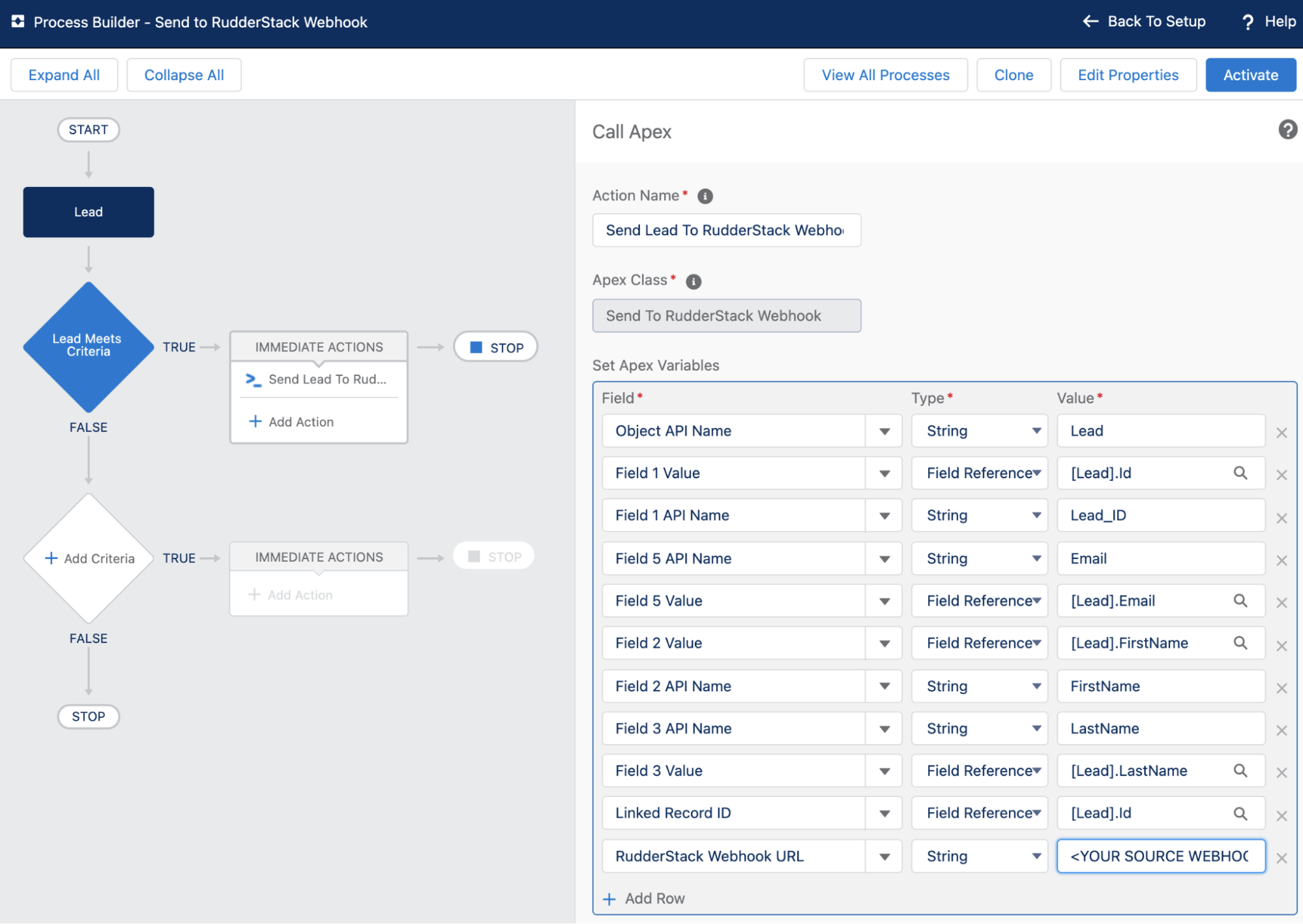 Salesforce Process Builder Immediate Action Call Apex - Send Lead To RudderStack Window Field Mapping screen