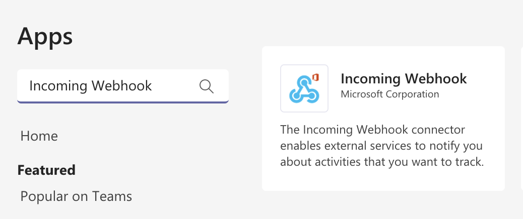 Incoming Webhook icon in the Microsoft Teams UI