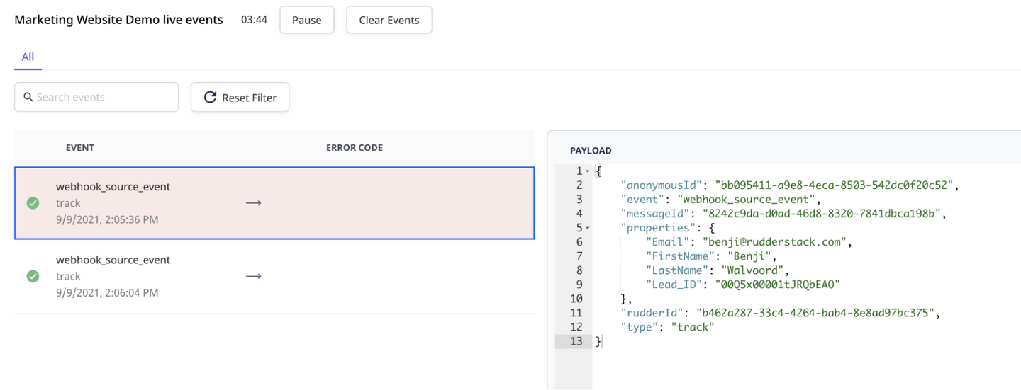 RudderStack Webhook Source Live Event Viewer Payload