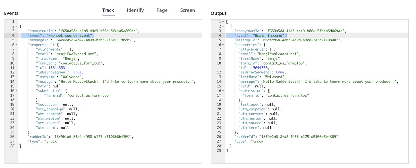 screenshot of track call events and output