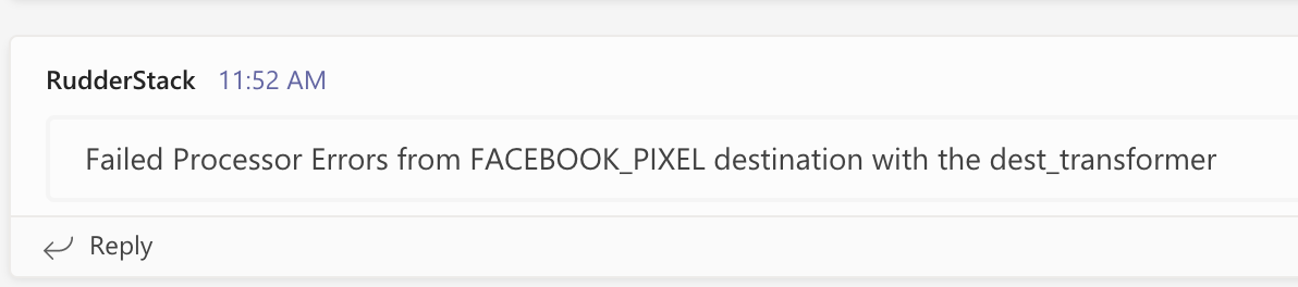 Example alert in Microsoft Teams showing failed processor errors from FACEBOOK_PIXEL