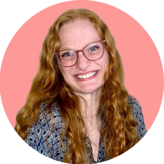 headshot of sarah millard on a coral pink circle background