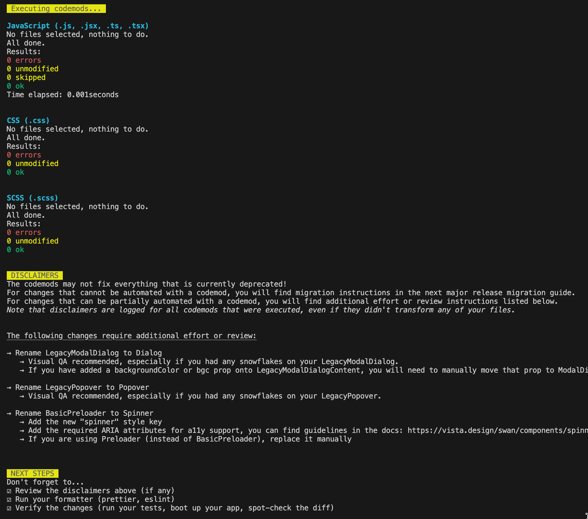 A screenshot of the CLI terminal output, including results, disclaimers, and next steps.