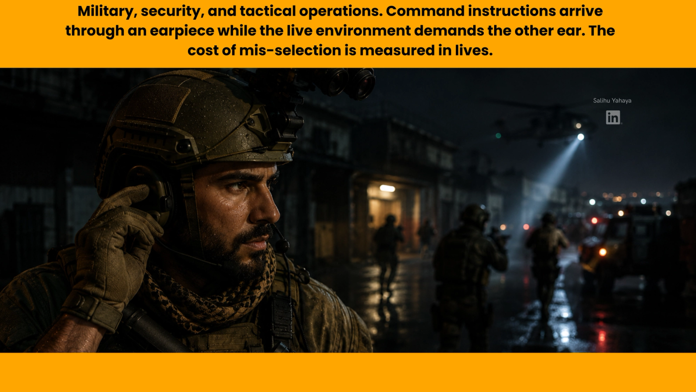 Picture of a "Military, security, and tactical operations. Command instructions arrive through an earpiece while the live environment demands the other ear. The cost of mis-selection is measured in lives."