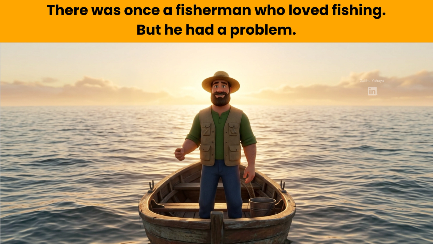 Cartoon fisherman in a straw hat standing in a small wooden boat on a calm sea at sunrise. Caption: "There was once a fisherman who loved fishing. But he had a problem.