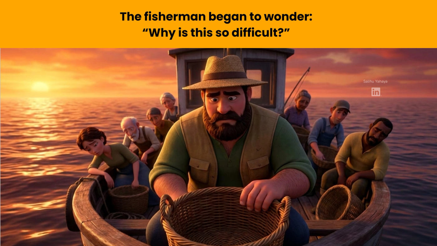 At sunset, the frustrated fisherman stares at his empty basket as his tired crew sits behind him. Caption: "The fisherman began to wonder: 'Why is this so difficult?'"