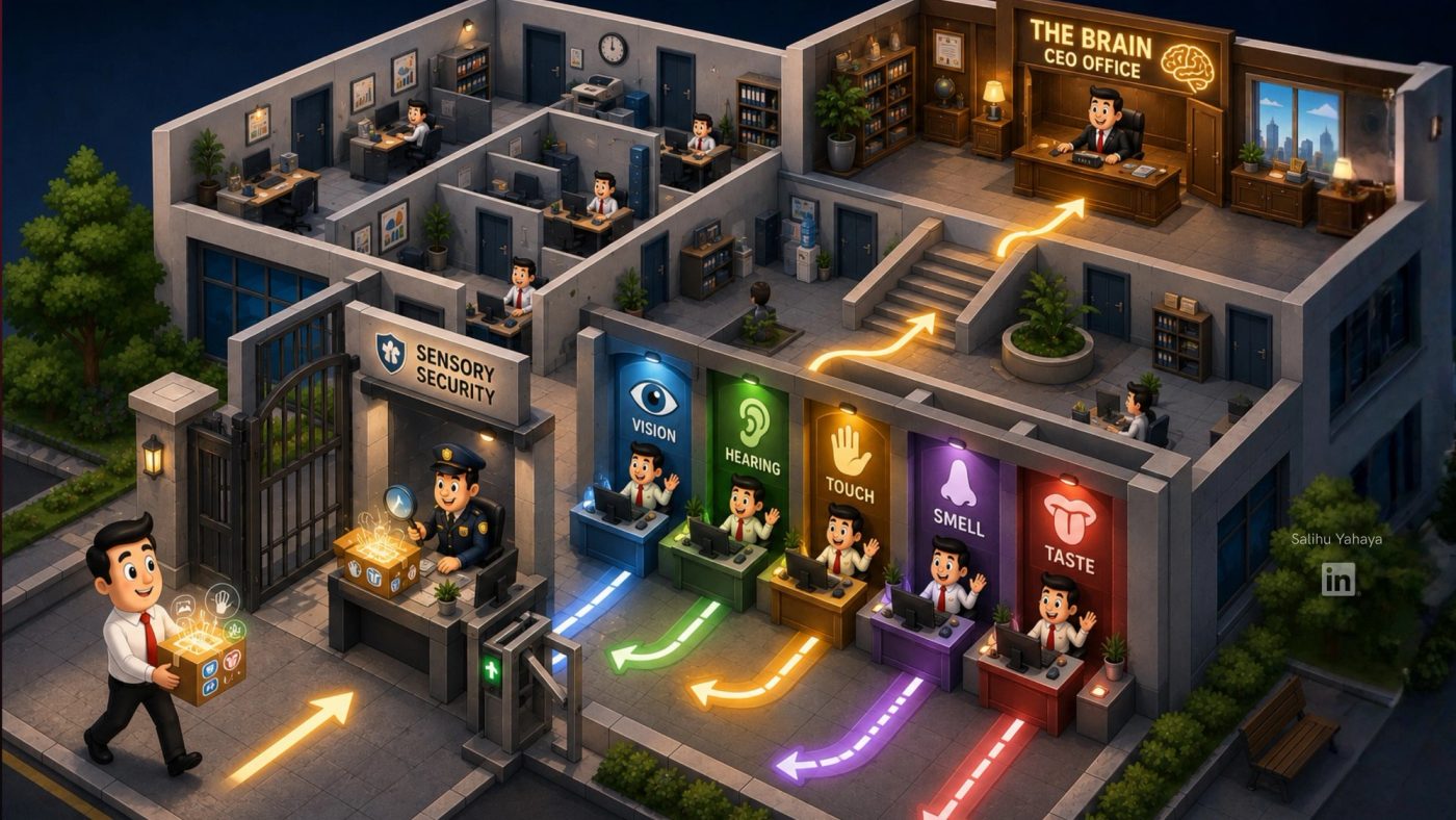 Graphic illustration of an office and sensory gates as entrance