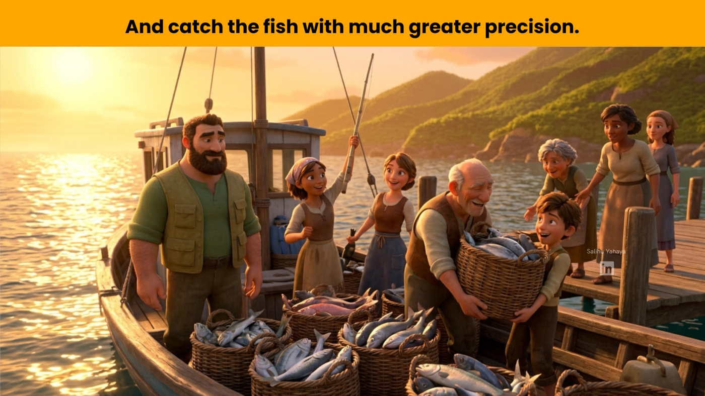 The happy fisherman and villagers unload baskets full of fish onto a dock at sunset. Caption: "And catch the fish with much greater precision."