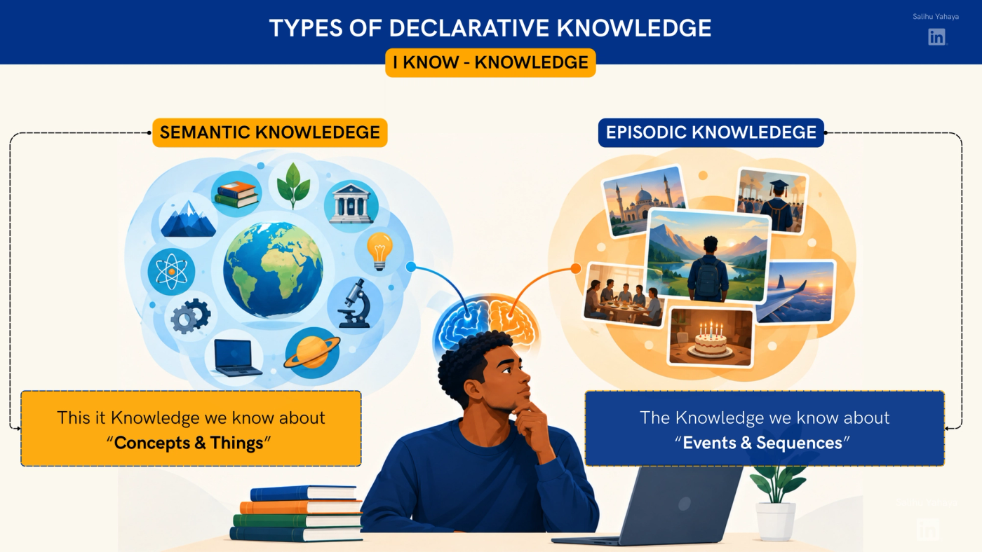 Slide titled "Types of Declarative Knowledge", subtitled "I know knowledge". A young man sits at a desk with books and a laptop, chin in hand. Above his head is a brain, half blue and half orange, linked to two thought clouds. The left cloud, labelled Semantic Knowledge, holds icons of a globe, mountains, books, a leaf, a museum, a light bulb, an atom, gears, a microscope, a laptop and a planet. Its caption reads: "This is the knowledge we have about concepts and things." The right cloud, labelled Episodic Knowledge, holds snapshots of personal memories: visiting a mosque, a graduation, standing before a mountain lake, a family meal, a flight above the clouds and a birthday cake. Its caption reads: "The knowledge we have about events and sequences."