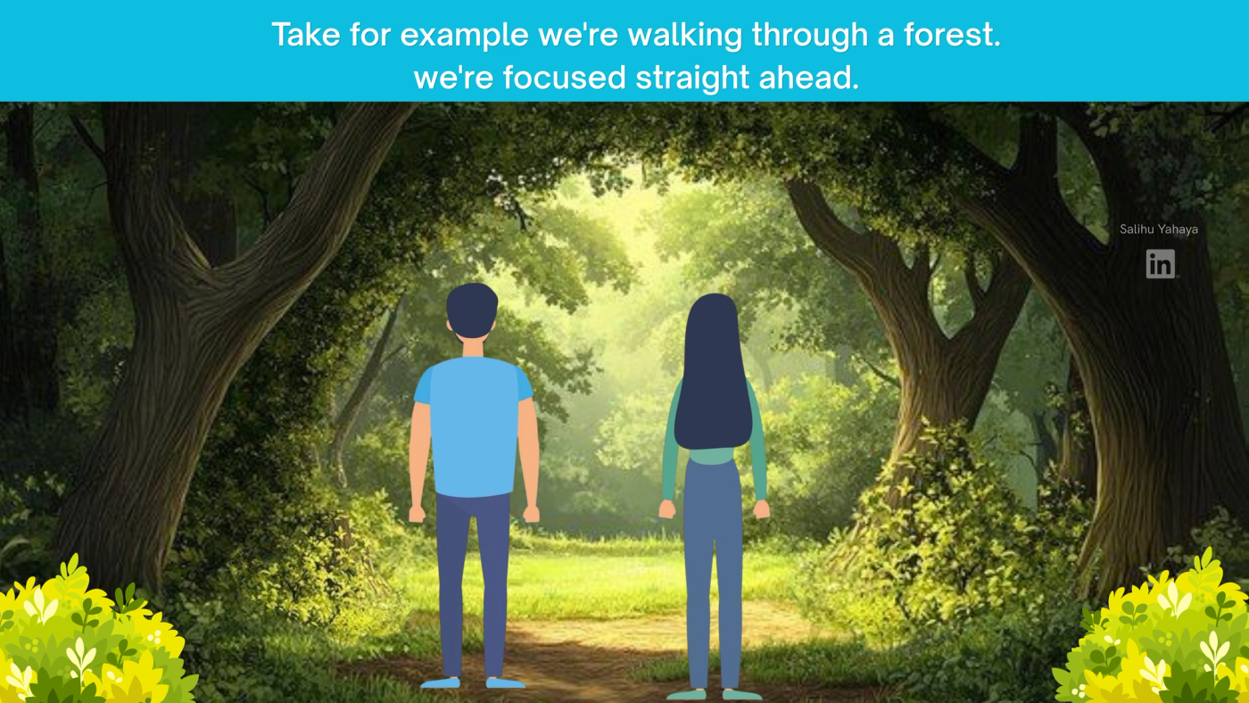 A graphical illustration of two people walking through the forest