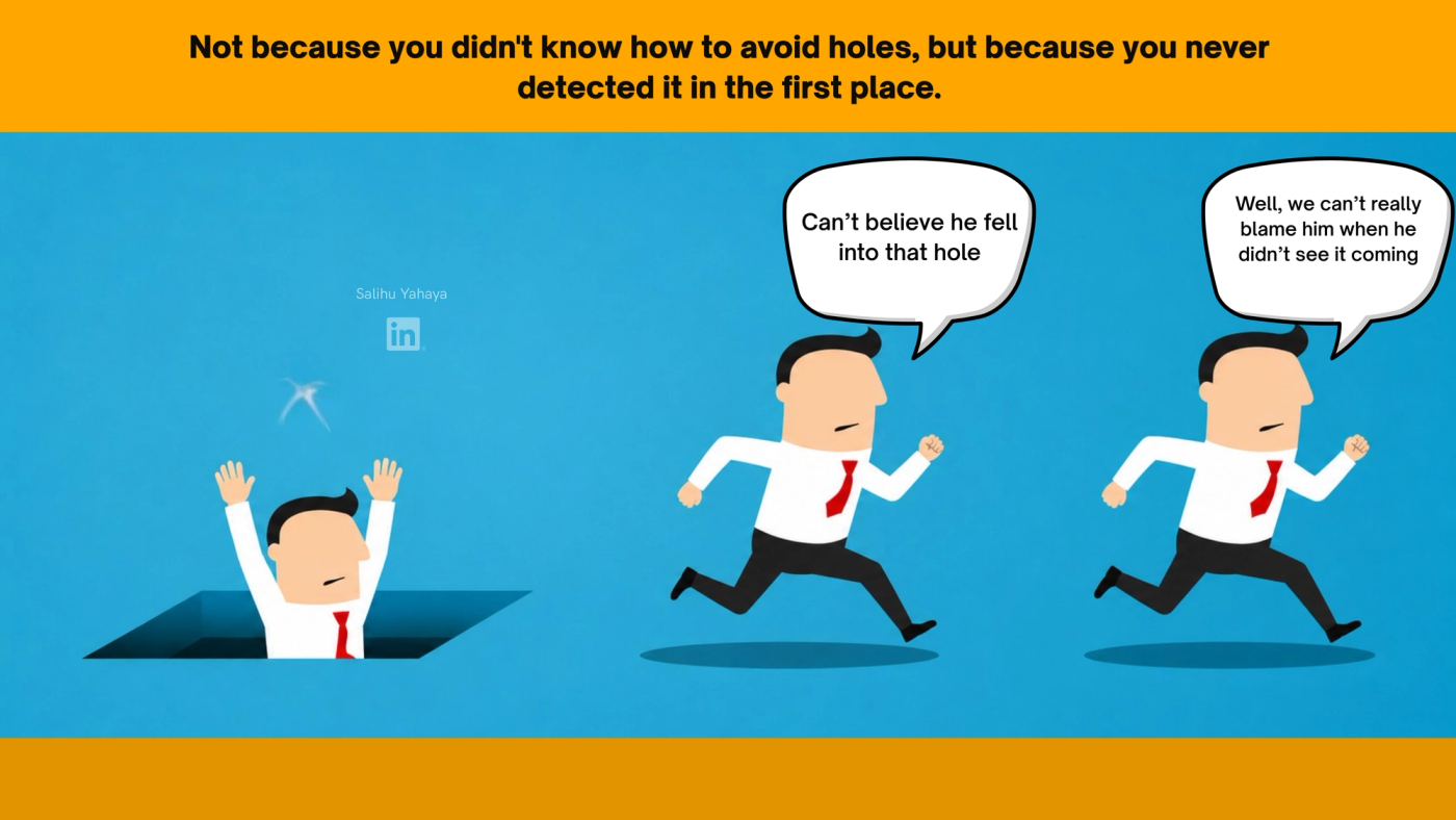 Graphic illustrating of the two from amongs the three blindfolded men running away from the hole after the first man fell inside it