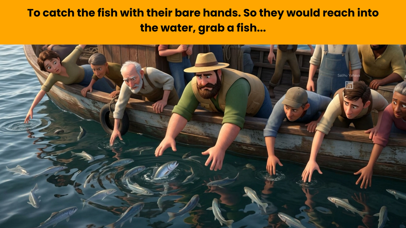 The fisherman and his crew lean over the side of the boat, reaching into water full of fish. Caption: "To catch the fish with their bare hands. So they would reach into the water, grab a fish…"