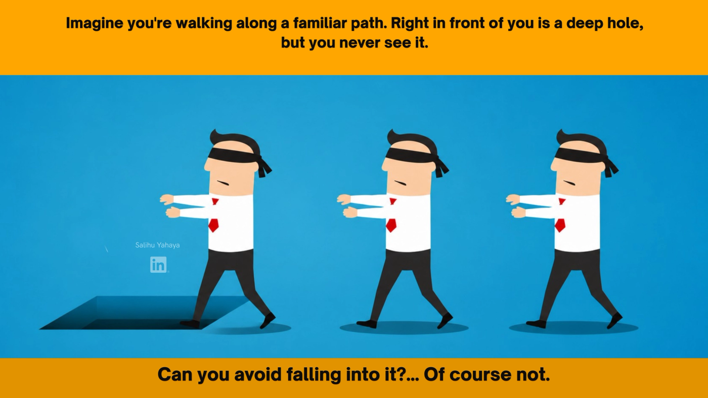 Graphic illustrating Three blindfolded men walking towards a hole with one about to fall into it