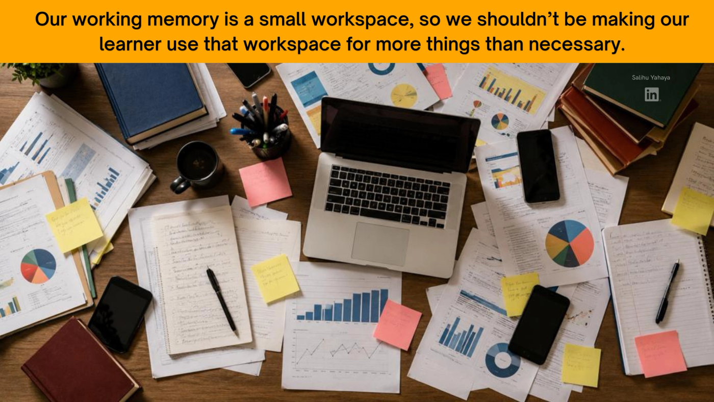 Overhead view of a cluttered wooden desk: a laptop in the centre surrounded by scattered printouts of charts and graphs, handwritten notes, colourful sticky notes, several phones, stacks of books, a pen holder, a coffee mug and a small plant.