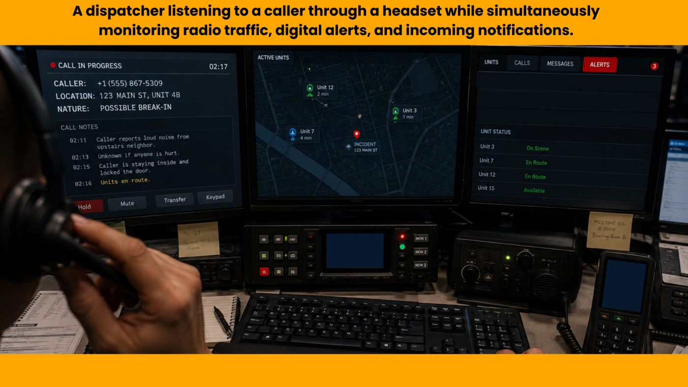 Picture of "A dispatcher listening to a caller through a headset while simultaneously monitoring radio traffic, digital alerts, and incoming notifications."