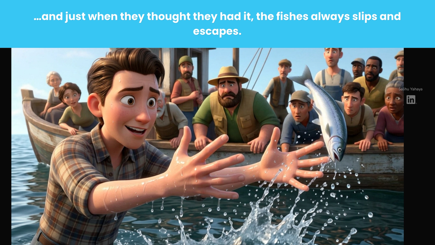 A young man grabs at a fish as it slips out of his wet hands and splashes back into the sea, while the crew looks on in dismay. Caption: "…and just when they thought they had it, the fish always slips and escapes."