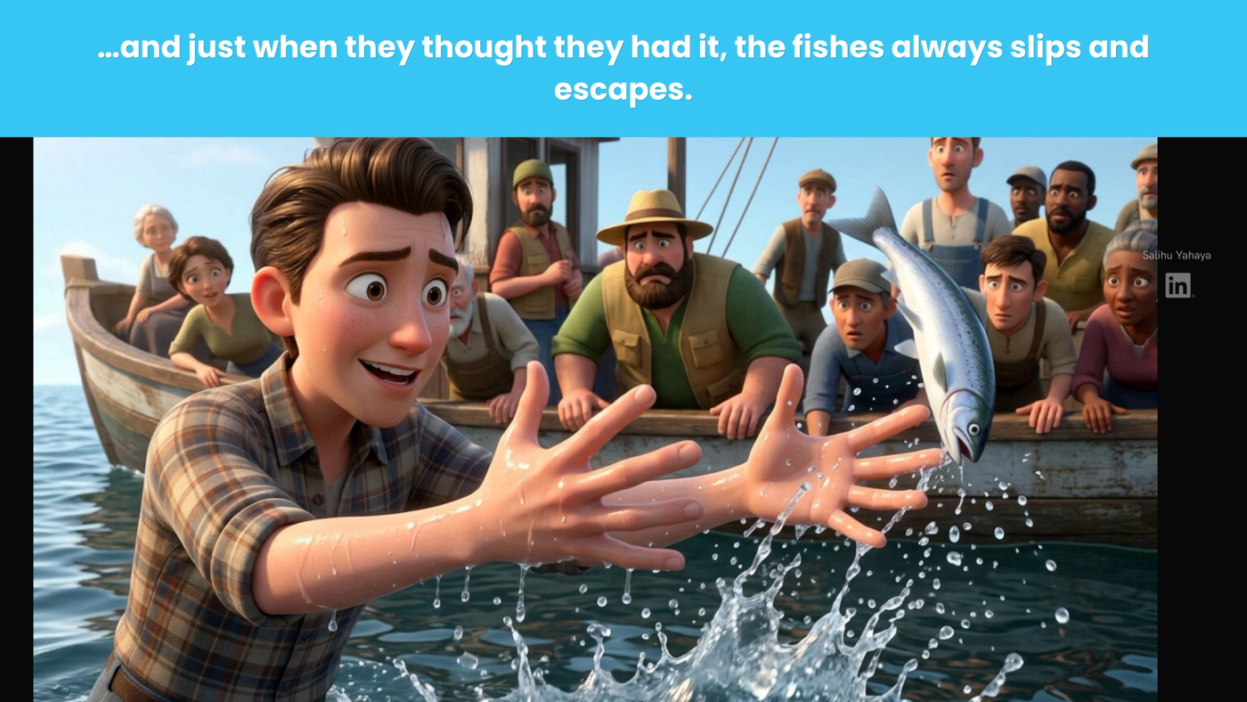 A young man grabs at a fish as it slips out of his wet hands and splashes back into the sea, while the crew looks on in dismay. Caption: "…and just when they thought they had it, the fish always slips and escapes."