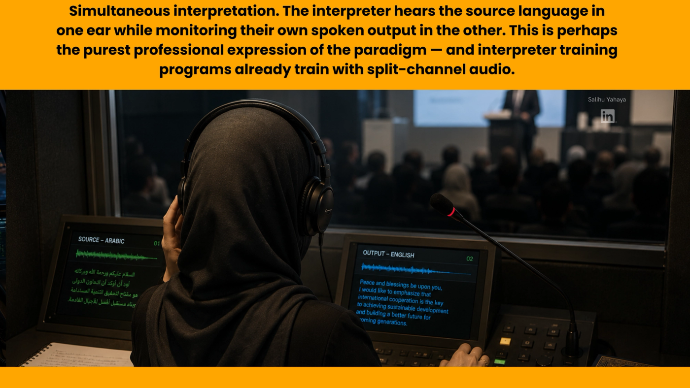 Picture of an "Simultaneous interpretation. The interpreter hears the source language in one ear while monitoring their own spoken output in the other. This is perhaps the purest professional expression of the paradigm — and interpreter training programs already train with split-channel audio."