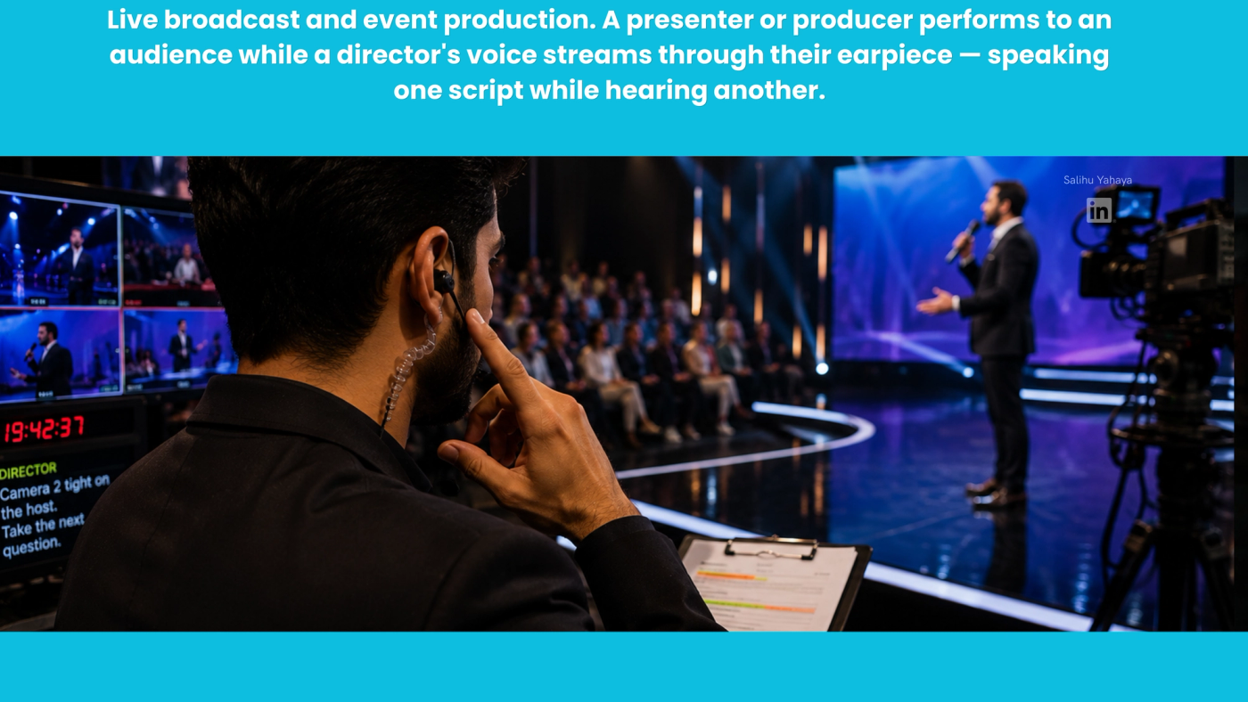 Picture of a "Live broadcast and event production. A presenter or producer performs to an audience while a director's voice streams through their earpiece — speaking one script while hearing another."