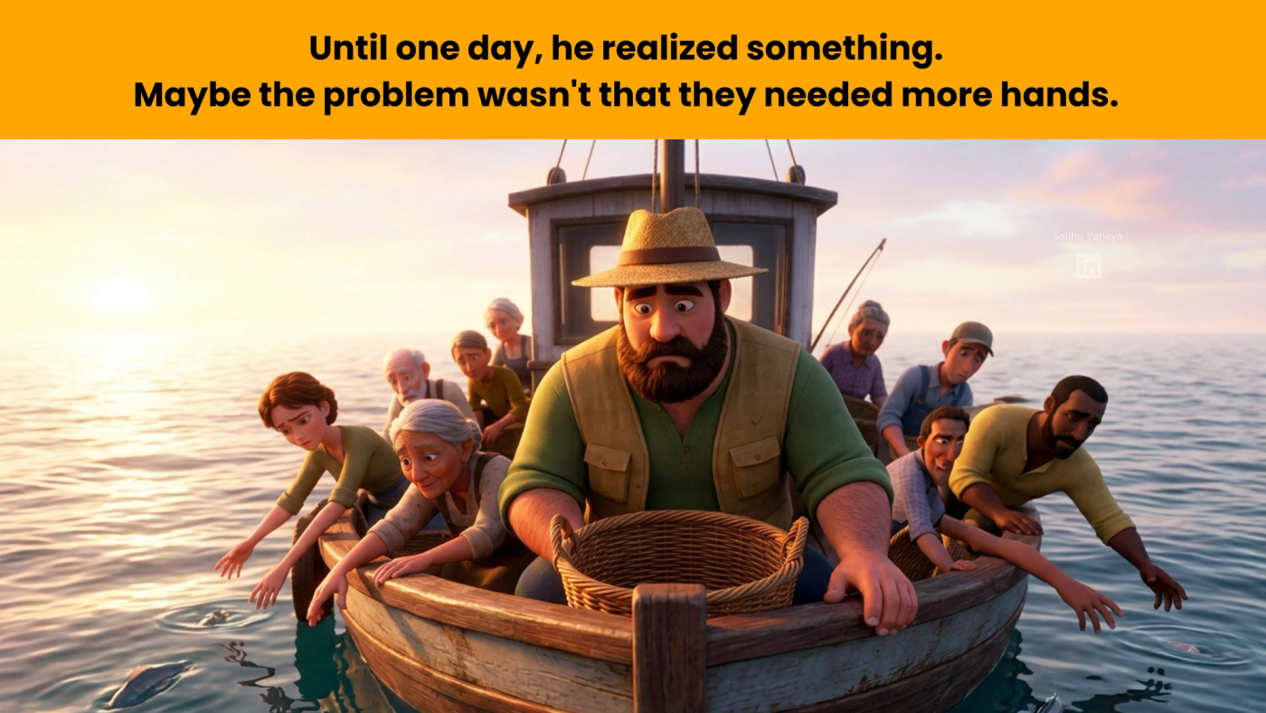 The fisherman sits thinking over his empty basket while the crew keeps reaching into the water. Caption: "Until one day, he realized something. Maybe the problem wasn't that they needed more hands."