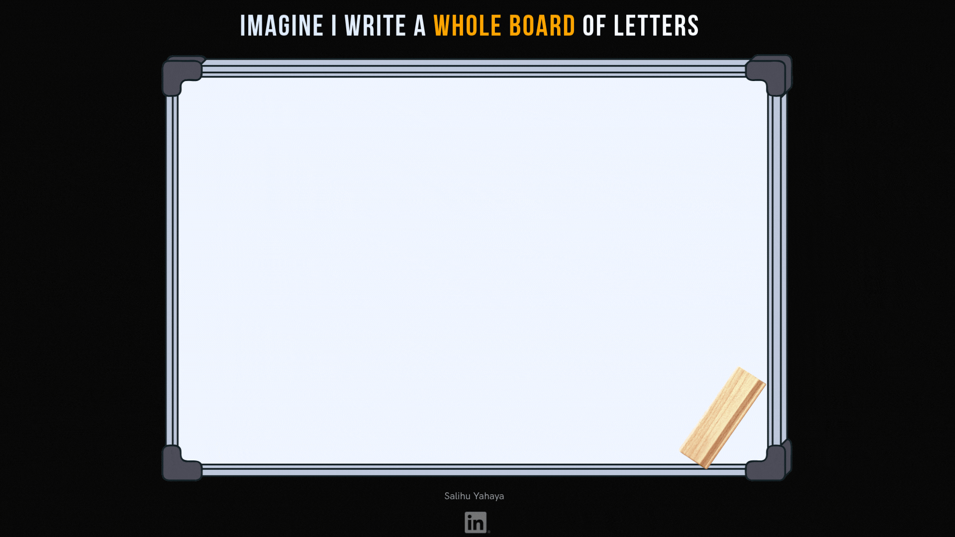 Animated whiteboard. Caption: "Imagine I write a whole board of letters." Columns of random capital letters appear one by one until the board is full. Then a wooden eraser sweeps across and wipes it clean, and the caption changes to "And then immediately wipe it clean."