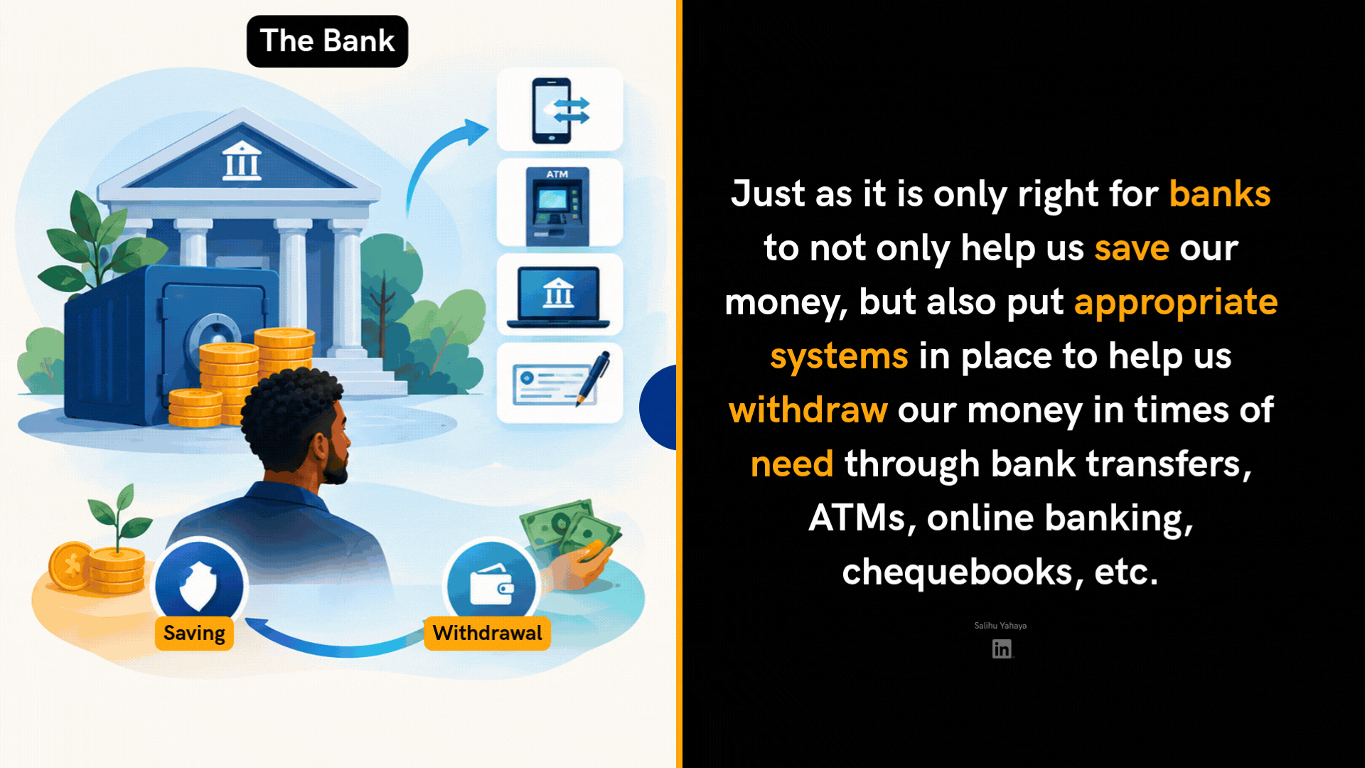 Animated slide in three scenes. First, "The bank": a man looks at a bank building with a vault and stacks of coins, alongside icons for mobile transfers, an ATM, online banking and a chequebook, with a loop from "Saving" to "Withdrawal." Text: "Just as it is only right for banks to not only help us save our money, but also put appropriate systems in place to help us withdraw our money in times of need through bank transfers, ATMs, online banking, chequebooks, etc." Second, "Our learning experience design": a learner at a laptop with a glowing brain, beside icons for documents, video and checklists, with a loop from "Elaboration" to "Retrieval." Text: "Similarly, as learning experience designers, it is only right to not only help our learners encode new knowledge and skills into long-term memory, but to put appropriate retrieval practice systems in place to help them retrieve that knowledge and those skills as they will need to do it in real performance circumstances." Finally, both scenes sit side by side under the summary: "It's only right to not only help our learners save but also retrieve information from their long-term memory."