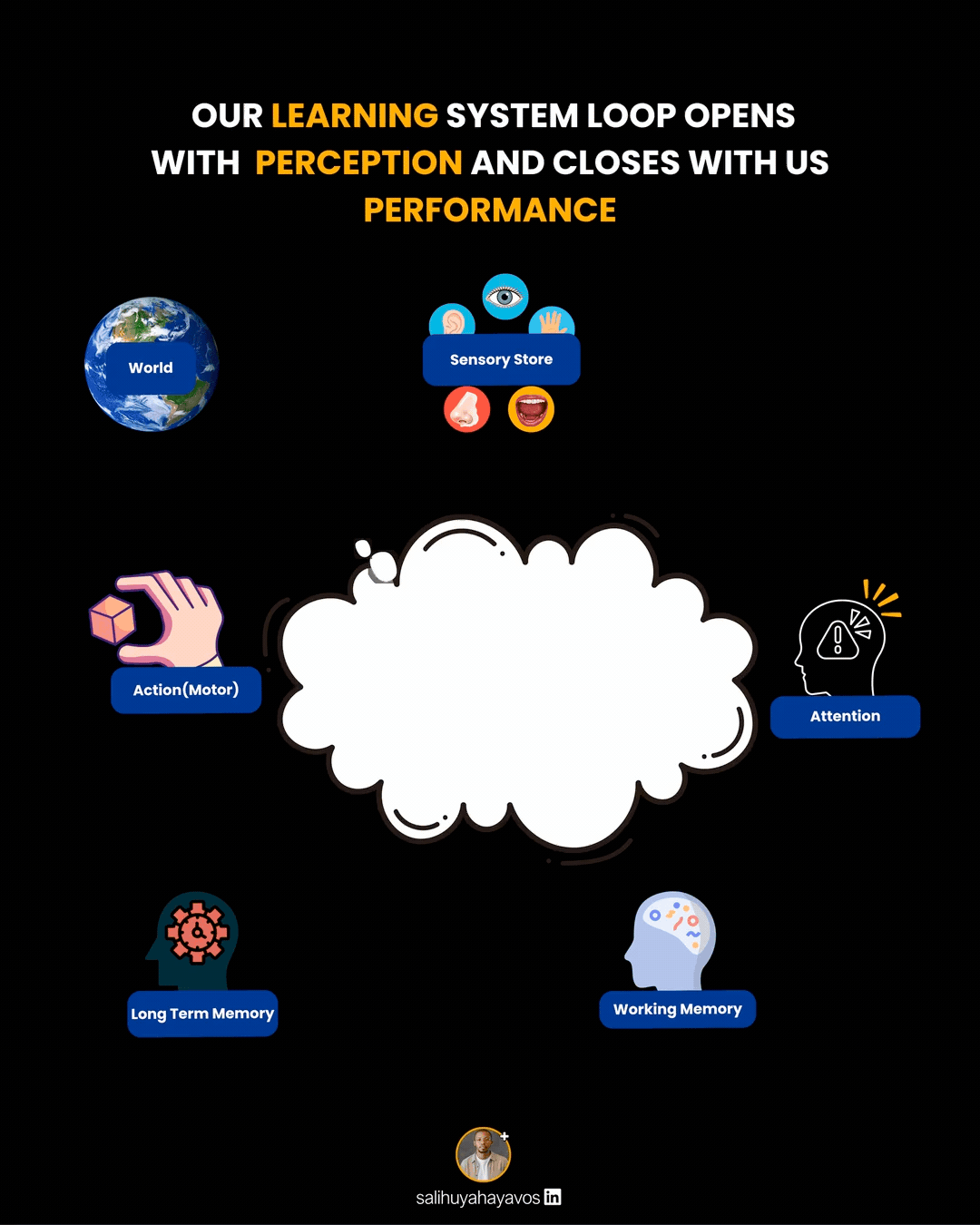 Animated diagram titled “Our learning system loop opens with perception and closes with our performance.” Six labelled stages are arranged in a circle around a central thought cloud: world, sensory store, attention, working memory, long-term memory, and action (motor). Dashed arrows draw the loop one step at a time, and the cloud shows a small scene for each stage: World: a globe surrounded by sights, sounds and text. Sensory store: the eye, ear, hand, nose and mouth take it in, shown as a person picking up signals. Attention: a spotlight singles out one item, a star. Working memory: a head with turning gears and a light bulb processes it. Long-term memory: working memory exchanges information with long-term memory, shown as ideas orbiting a person’s head. Action (motor): the person types at a keyboard, producing output. The arrow then returns from action to the world, closing the loop, and the animation repeats.