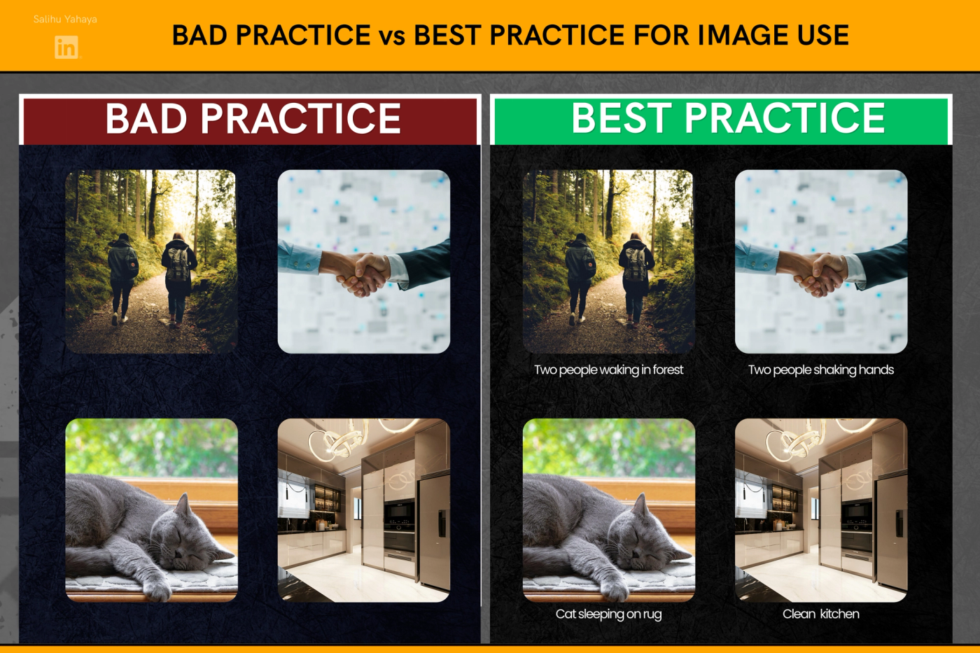 Comparison titled "Bad Practice vs Best Practice for Image Use." The bad-practice side shows four photos with no descriptions. The best-practice side shows the same photos, each with a text label: "Two people walking in forest," "Two people shaking hands," "Cat sleeping on rug" and "Clean kitchen."