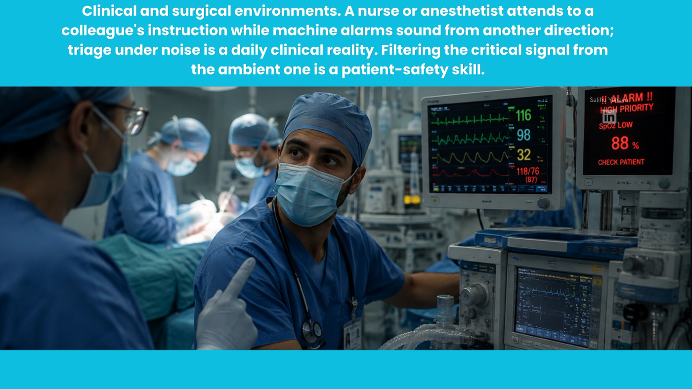 Picture of a "Clinical and surgical environments. A nurse or anesthetist attends to a colleague's instruction while machine alarms sound from another direction; triage under noise is a daily clinical reality. Filtering the critical signal from the ambient one is a patient-safety skill."