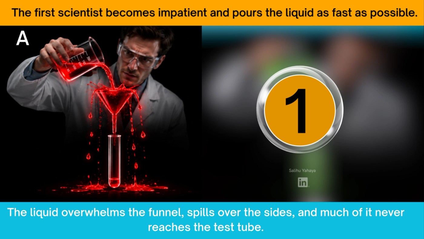 Picture of an impatient scientist pouring the fluid in a beaker way too fast that its leaking out from the funnel 