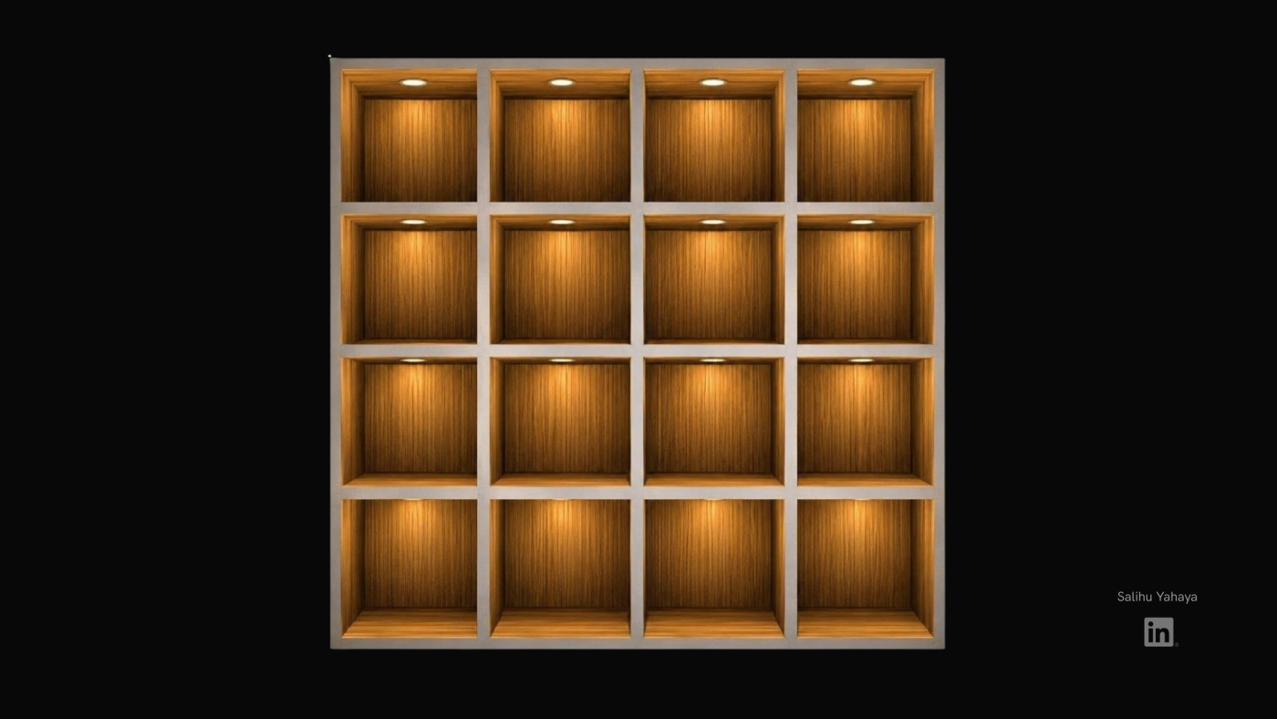 A wooden CABINET unit with 16 empty compartments in a four-by-four grid, each lit by a small spotlight, against a black background.