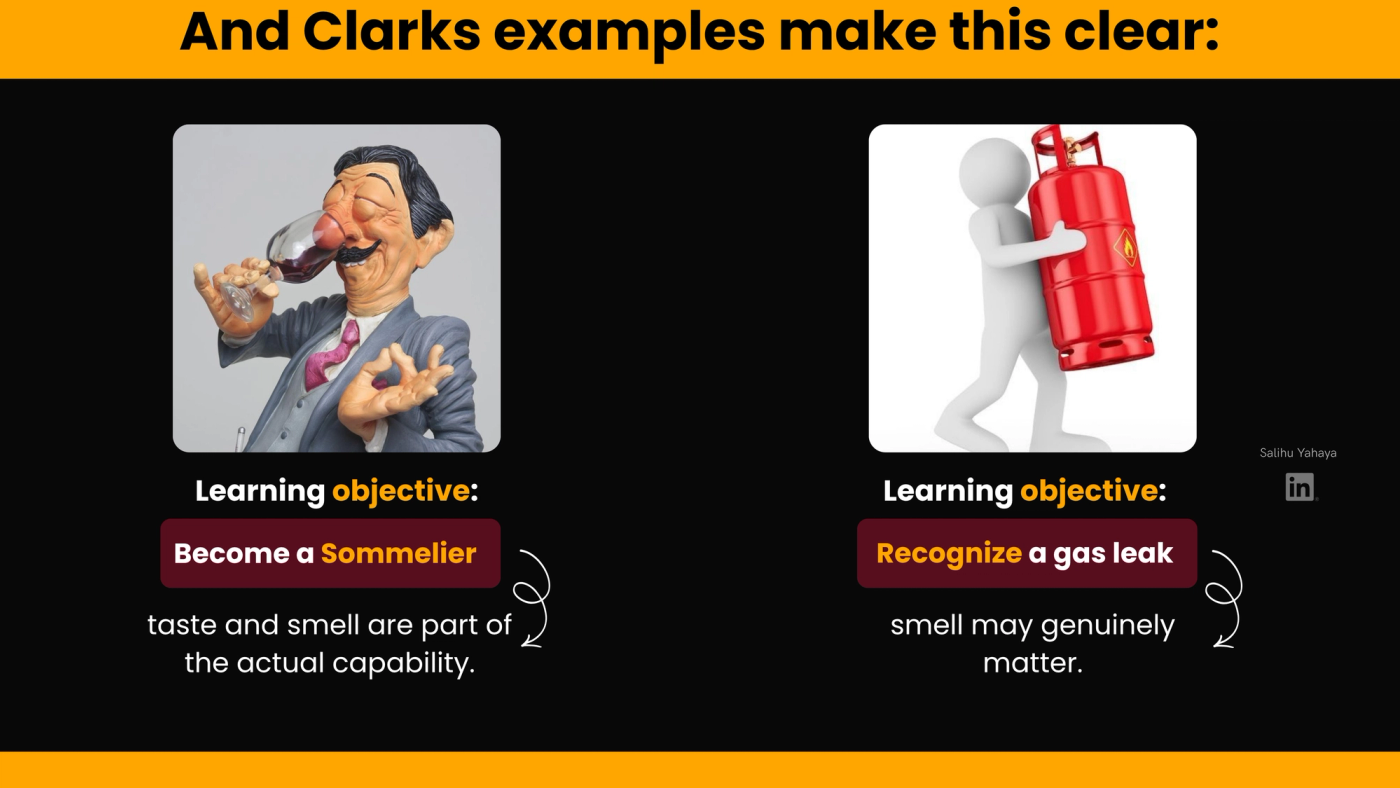 Slide titled "And Clark's examples make this clear," showing two learning objectives where smell and taste matter: a figurine of a wine taster for "Become a sommelier," where taste and smell are part of the actual skill, and a figure carrying a red gas cylinder for "Recognize a gas leak," where smell may truly matter.