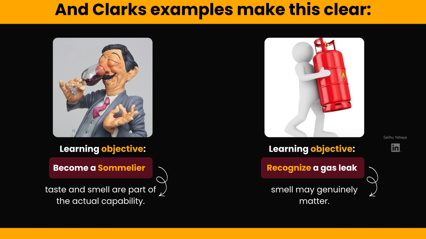 Slide titled "And Clark's examples make this clear," showing two learning objectives where smell and taste matter: a figurine of a wine taster for "Become a sommelier," where taste and smell are part of the actual skill, and a figure carrying a red gas cylinder for "Recognize a gas leak," where smell may truly matter.