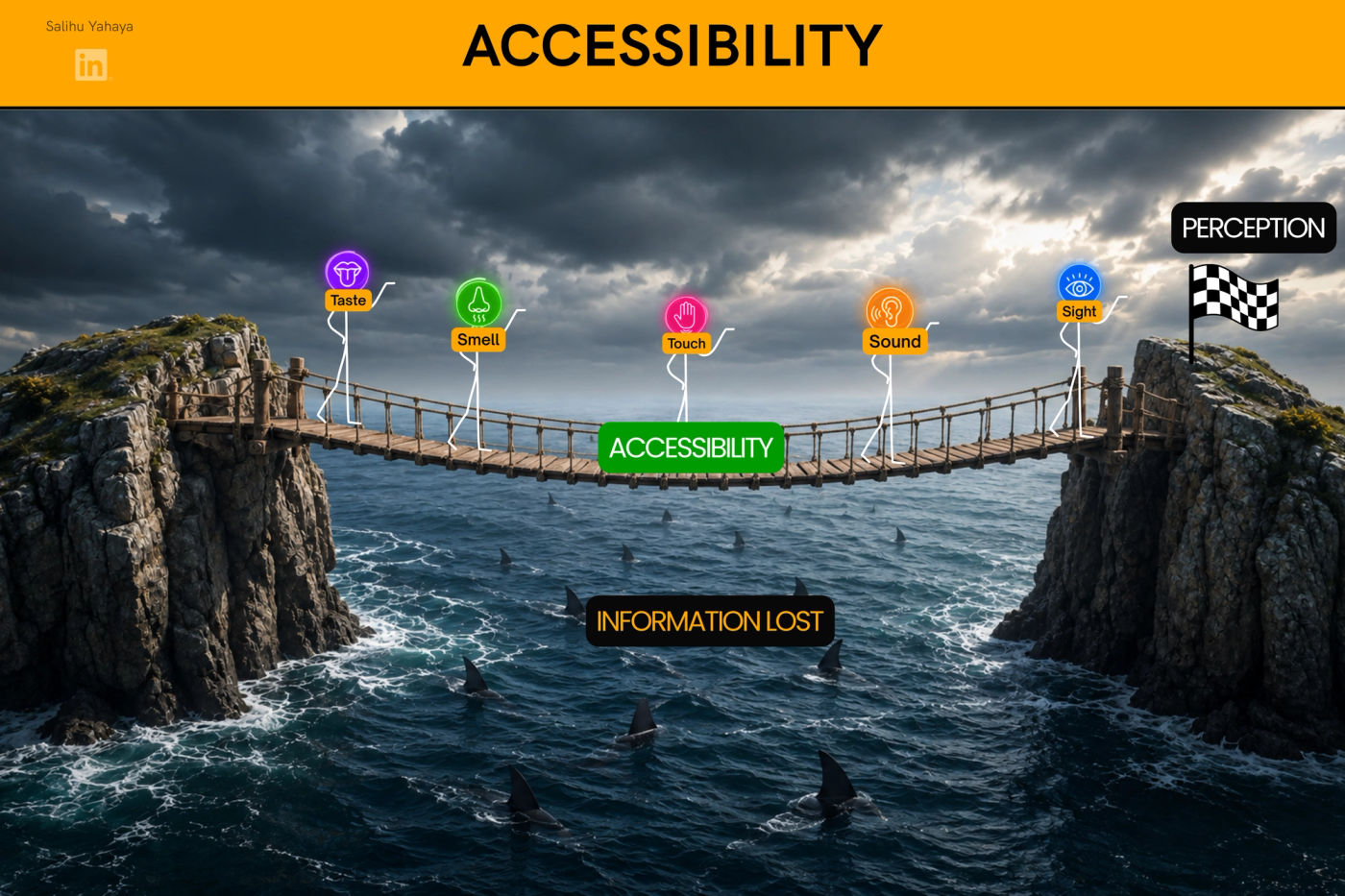 Illustration titled "Accessibility." Five stick figures labelled Taste, Smell, Touch, Sound and Sight walk across a rope bridge labelled "Accessibility." The bridge spans a shark-filled sea marked "Information Lost" and leads to a chequered flag on the far cliff marked "Perception."